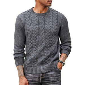 Coofandy Men Dark Grey Crewneck Pullover Twist Textured Fisherman Sweater